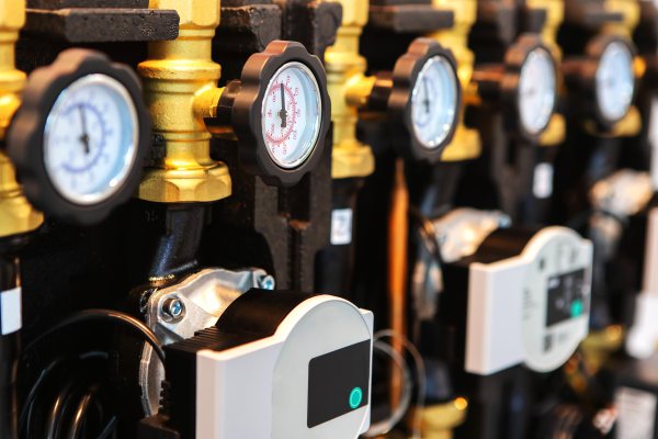 Verteiler und Pumpen mit Druck- und Temperatursensoren in der Hausheizung